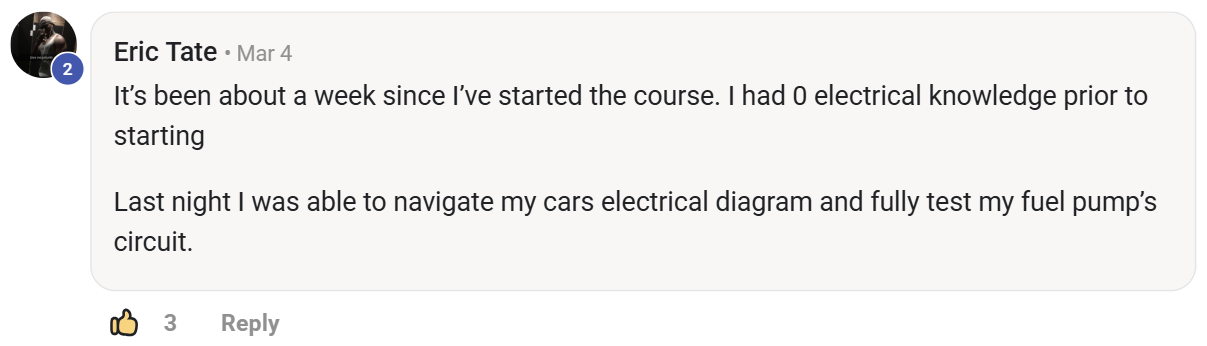 Eric Tate — went from zero electrical knowledge to navigating his car's wiring diagram and testing the fuel pump circuit in a week